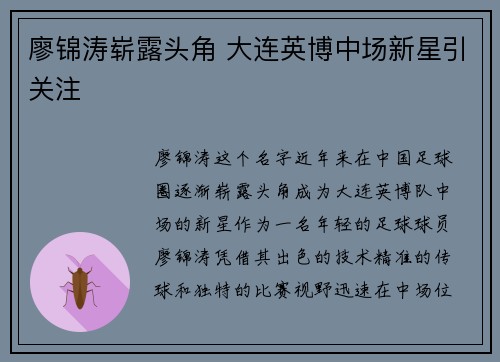廖锦涛崭露头角 大连英博中场新星引关注 廖锦涛崭露头角 大连英博中场新星引关注