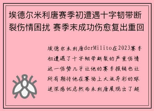 埃德尔米利唐赛季初遭遇十字韧带断裂伤情困扰 赛季末成功伤愈复出重回巅峰 埃德尔米利唐赛季初遭遇十字韧带断裂伤情困扰 赛季末成功伤愈复出重回巅峰