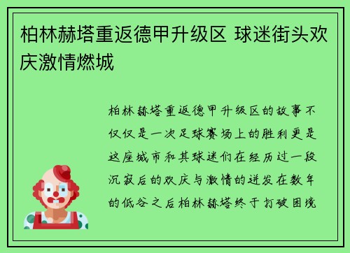 柏林赫塔重返德甲升级区 球迷街头欢庆激情燃城