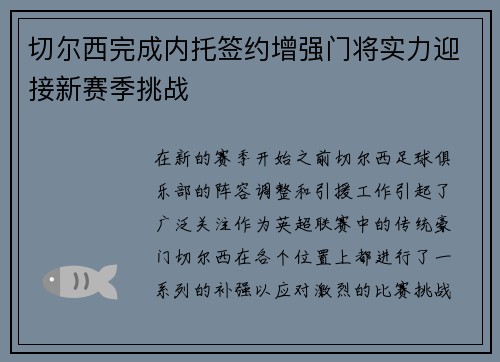 切尔西完成内托签约增强门将实力迎接新赛季挑战